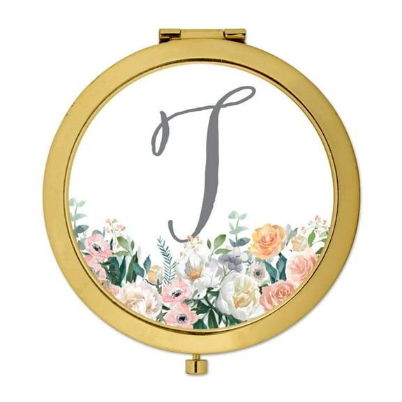 Koyal Wholesale Gold Compact Mirror Bridesmaid's Wedding Gift, Peach Flower Florals on White, Monogram Letter T, 1-Pack