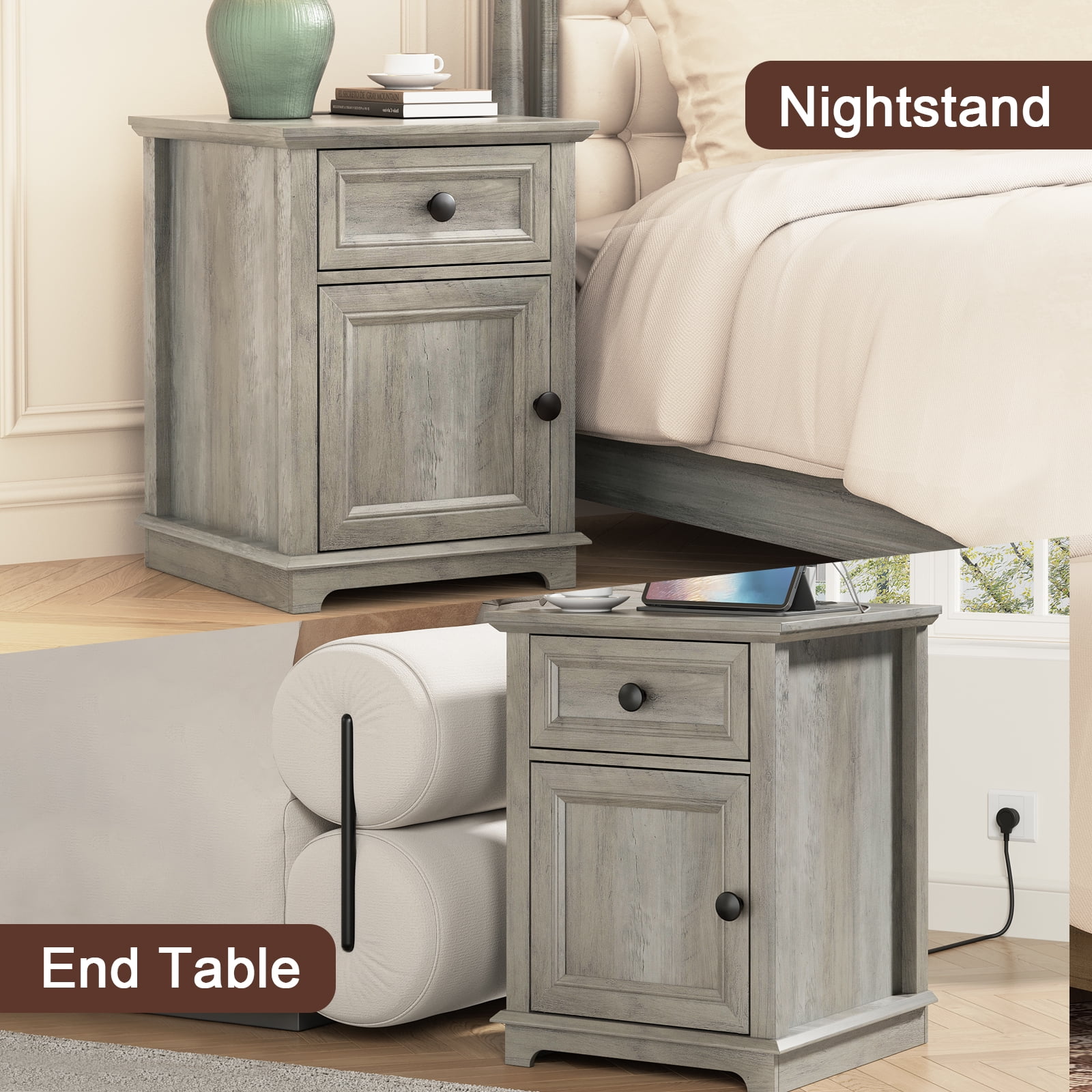 FAGAGA End Table for Living Room with Charging Station, Square Sofa Side Table with Drawer and Adjustable Storage Shelf, Wooden Nightstands Storage Cabinet for Bedroom, Office | Split Oak