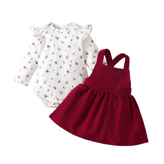 Kucnuzki 6 Months Baby Newborn Girl Winter Outfits Skirts Sets 9 Months Long Sleeve Cute Tiny Floral Prints Romper Top Suspender Skirts Headband 3PCS Set Red