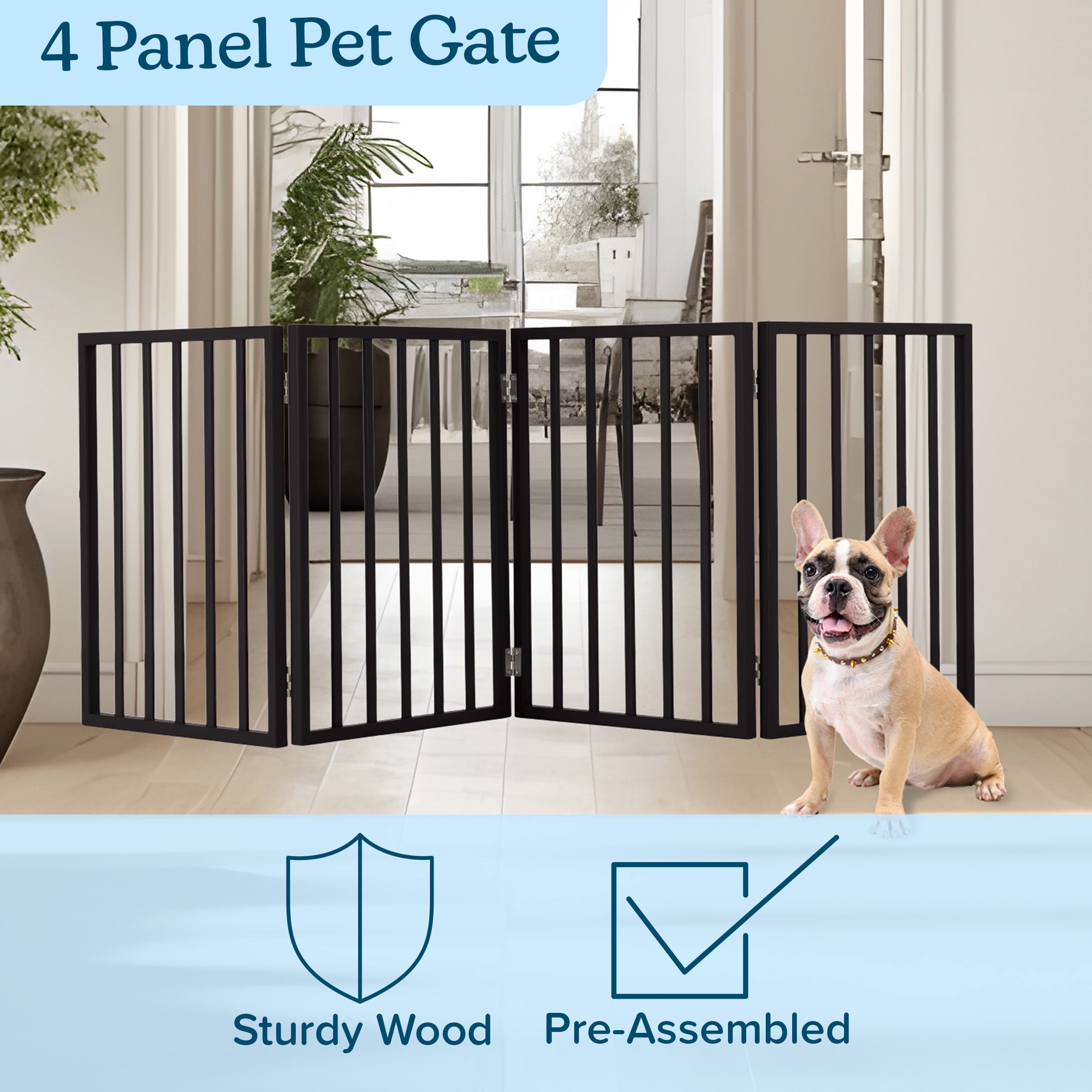 4-Panel Indoor Pet Gate for Dogs and Small Pets, Foldable Freestanding Dog Fence for Stairs, Hallways, Doorways, 72 x 24 Inch Wooden Pet Barrier, Black Finish with Easy Storage Panels by PETMAKER