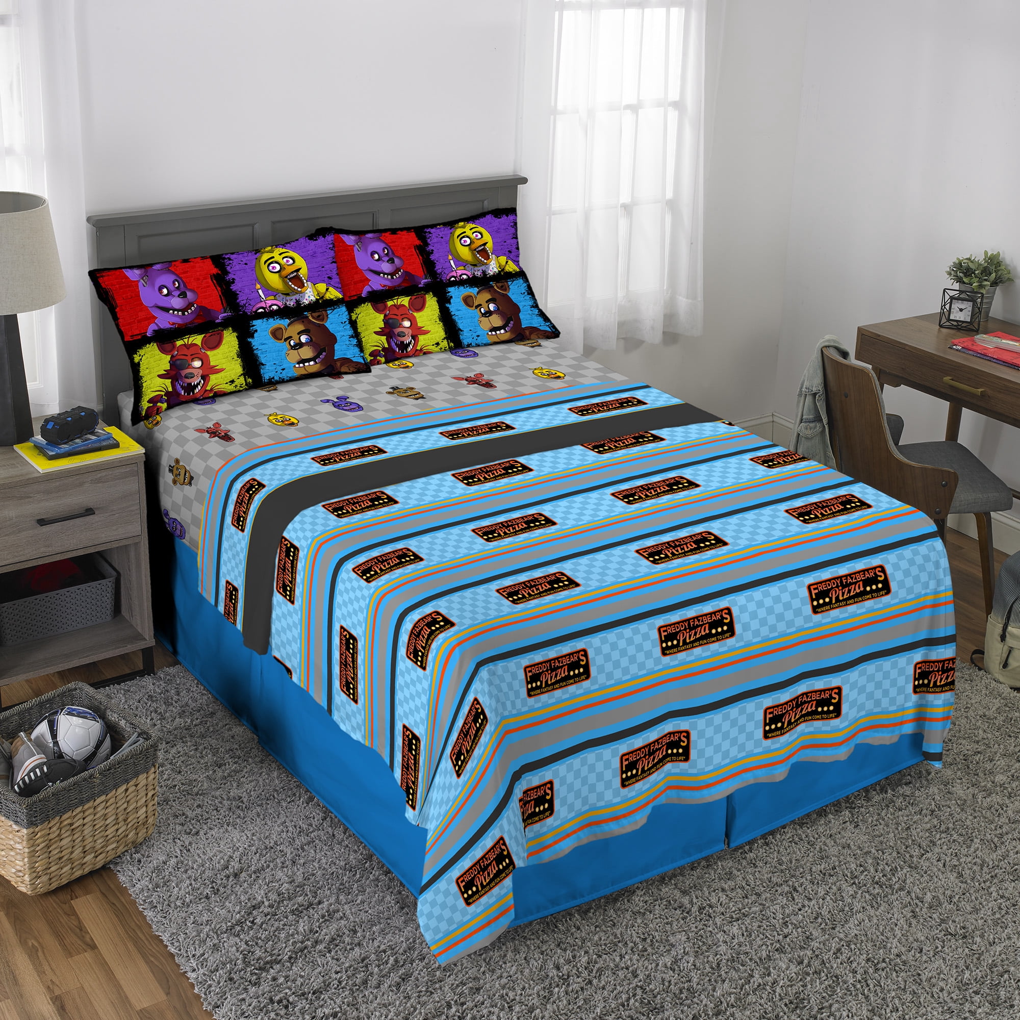 Five Nights at Freddy's Kids Full Sheet Set, Grey, Blue