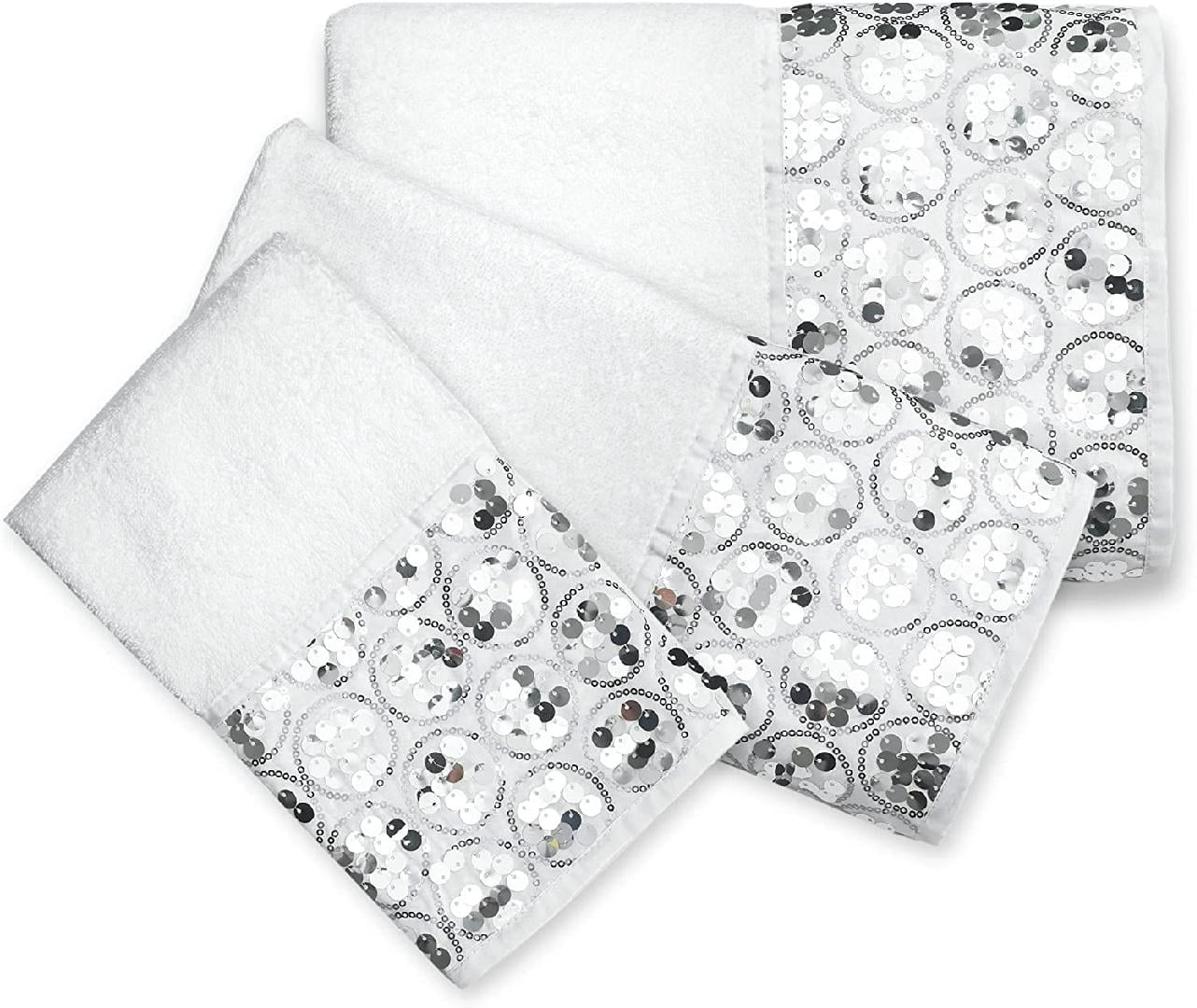 Popular Bath Sinatra 3 Piece Bling  Modern Towel Set, White with Silver Sequins