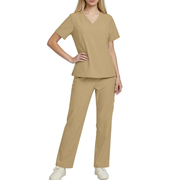RKSTN Scrubs for Women Nurse Uniform Two Piece Set Solid Color V Neck Short Sleeve Fitted Waist Pocketed Scrubs Top Elastic Straight Leg Pants with Pockets Healthcare Workwear Suit Scrubs