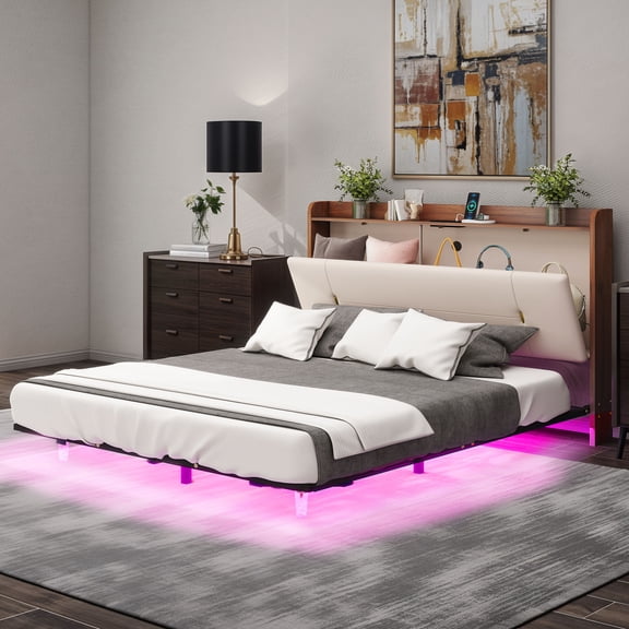Uforic Modern Queen Floating Bed Frame with Built-In Power Outlet, Adjustable LED Lighting, Beige Upholstered Platform with Mattress Retainers, Storage Headboard, No Box Spring Needed