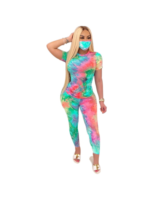 Women 2pcs Tie Dye Outfits Long Sleeve Tee Long Pants Tracksuit Bodycon Yoga Jogger Sets