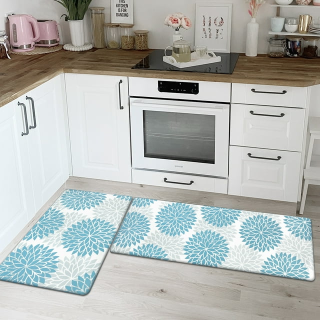 MeyJey Anti Fatigue Kitchen Rugs and Mats, 2 PCS Non-Slip Waterproof Runner Rug and Mat Set, Aqua Blue