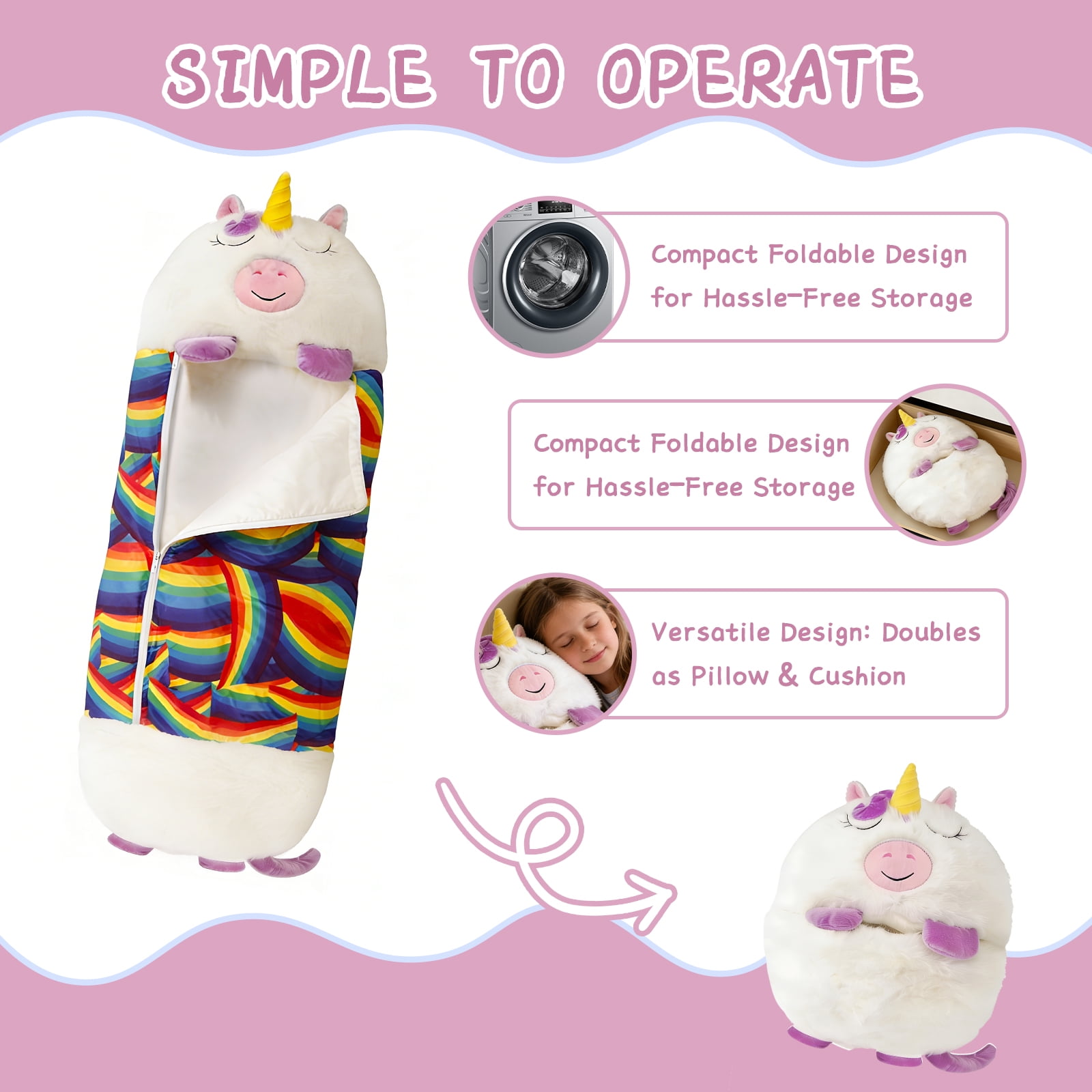 Kids Unicorn Sleeping Bag with Pillow - 2-in-1 Foldable, All Seasons, Soft & Warm (45"x19")-WHITE