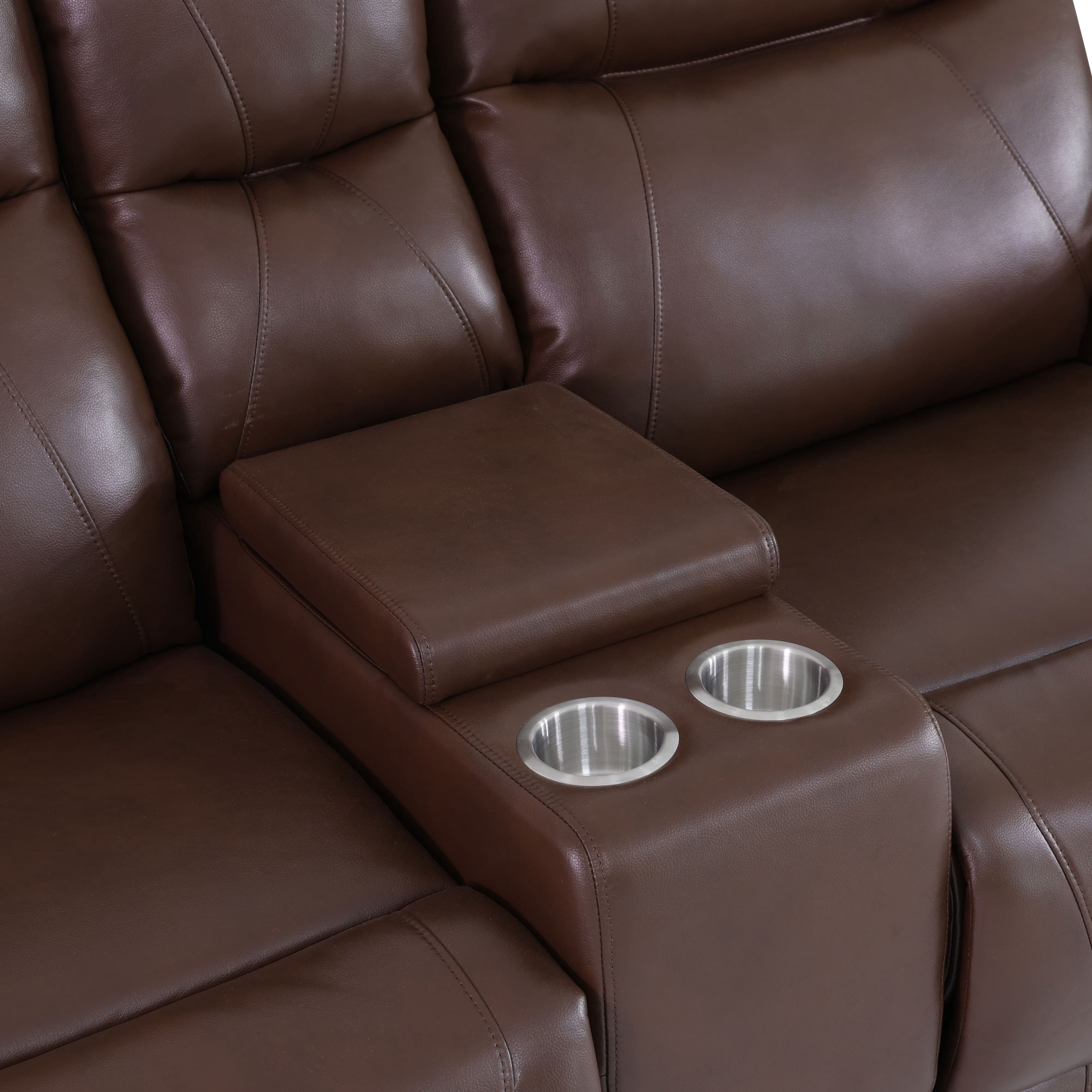 MAYEERTY Power Reclining Loveseat, Electric 2-Seat Leather Recliner with USB Charging, Storage & Cup Holders for Living Room, Reddish Brown