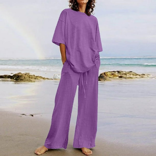 zanvin Summer Plus Size Sets for Women Casual Cotton Linen Outfits  Oversized Short Sleeve T Shirt Wide Leg Pants