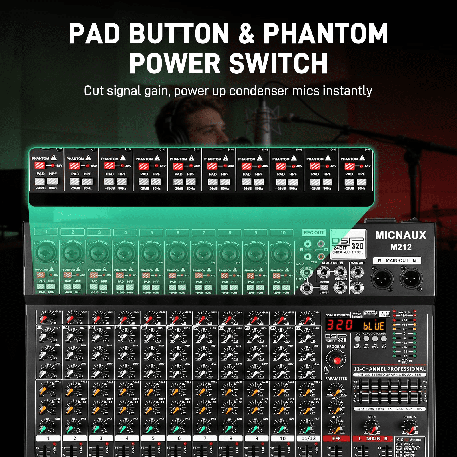 Audio Mixer 12 Channel Professional Sound Console Music Mixer with 320 DSP Effects, 7-band EQ DJ Mixing Board w/USB, Bluetooth, 48V Power Supply, PAD Button for Recording Karaoke PA Drum Live
