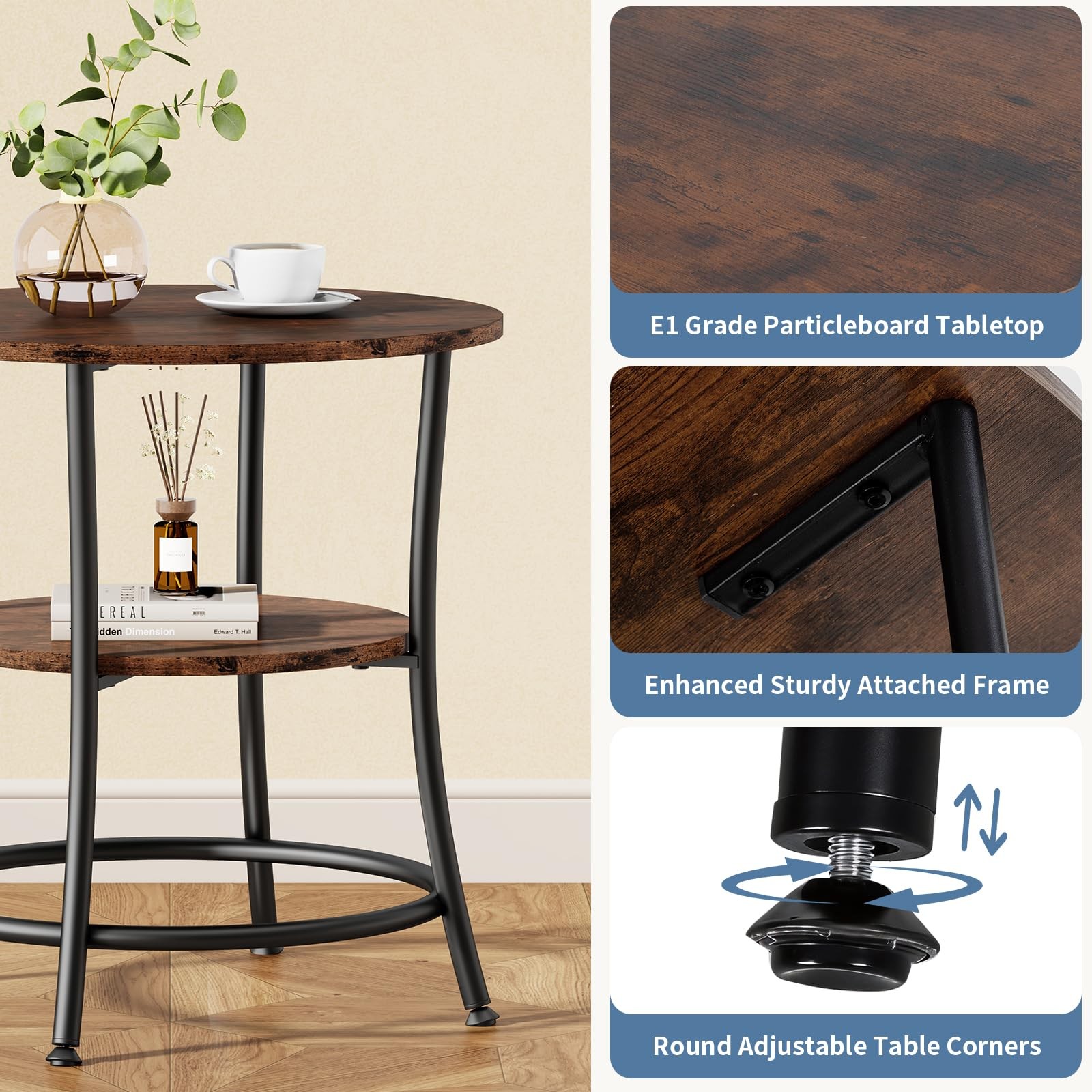 Telyra 2-Tier Round Side Table 21.8" End Table with Antiqued Wood Grain Top and Steel Base, Rust