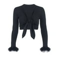 thumbnail image 3 of Mifelio Spring Tops for Women 2024 Women's Long Sleeve Tie Up Crop Top Feather Trim Deep V Neck Basic Tight Shirt Faux Blouse Womens Tops Black L, 3 of 4