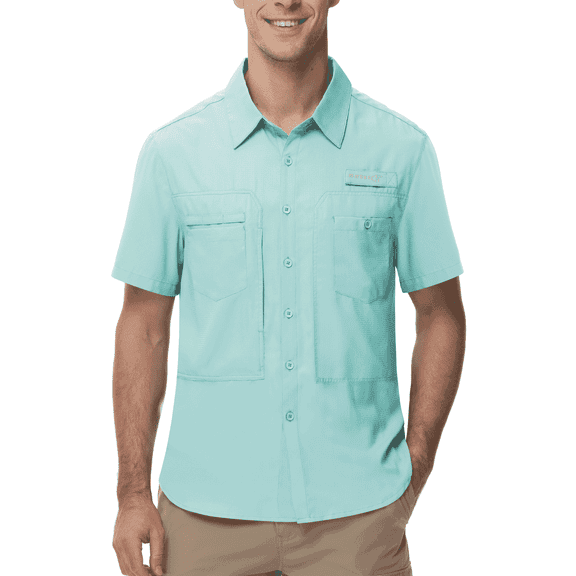 Zehisen Men's UPF 50 Sun Protection Short Sleeve Safari Shirts Fishing Shirts Hiking Work Casual Shirt with Zipper Pocket, Green XL