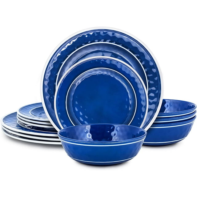 Craft & Kin Melamine Dinnerware Set Sea Blue, Round (12 Piece Set