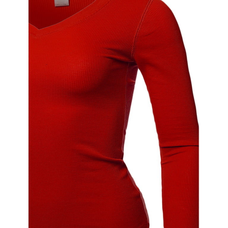 Red V-Neck Top 3XL Long Basic Women\'s Thermal Solid A2Y Scarlet Shirt Sleeve Fitted