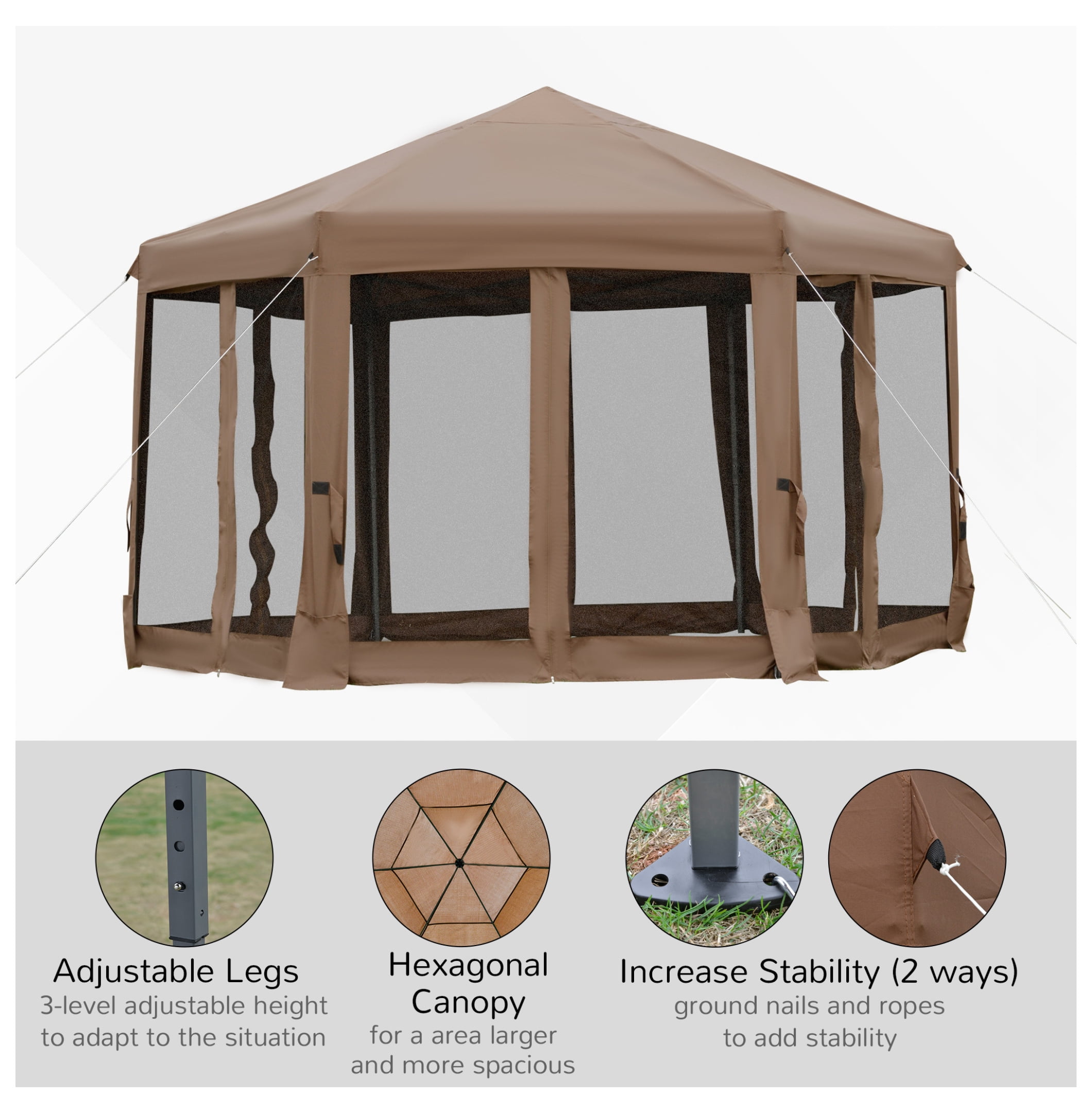 Outsunny 13' x 11' Hexagonal Pop Up Gazebo, Heavy Duty Outdoor Canopy Tent with 6 Mesh Sidewall Netting, 3-Level Adjustable Height and Strong Steel Frame, Brown