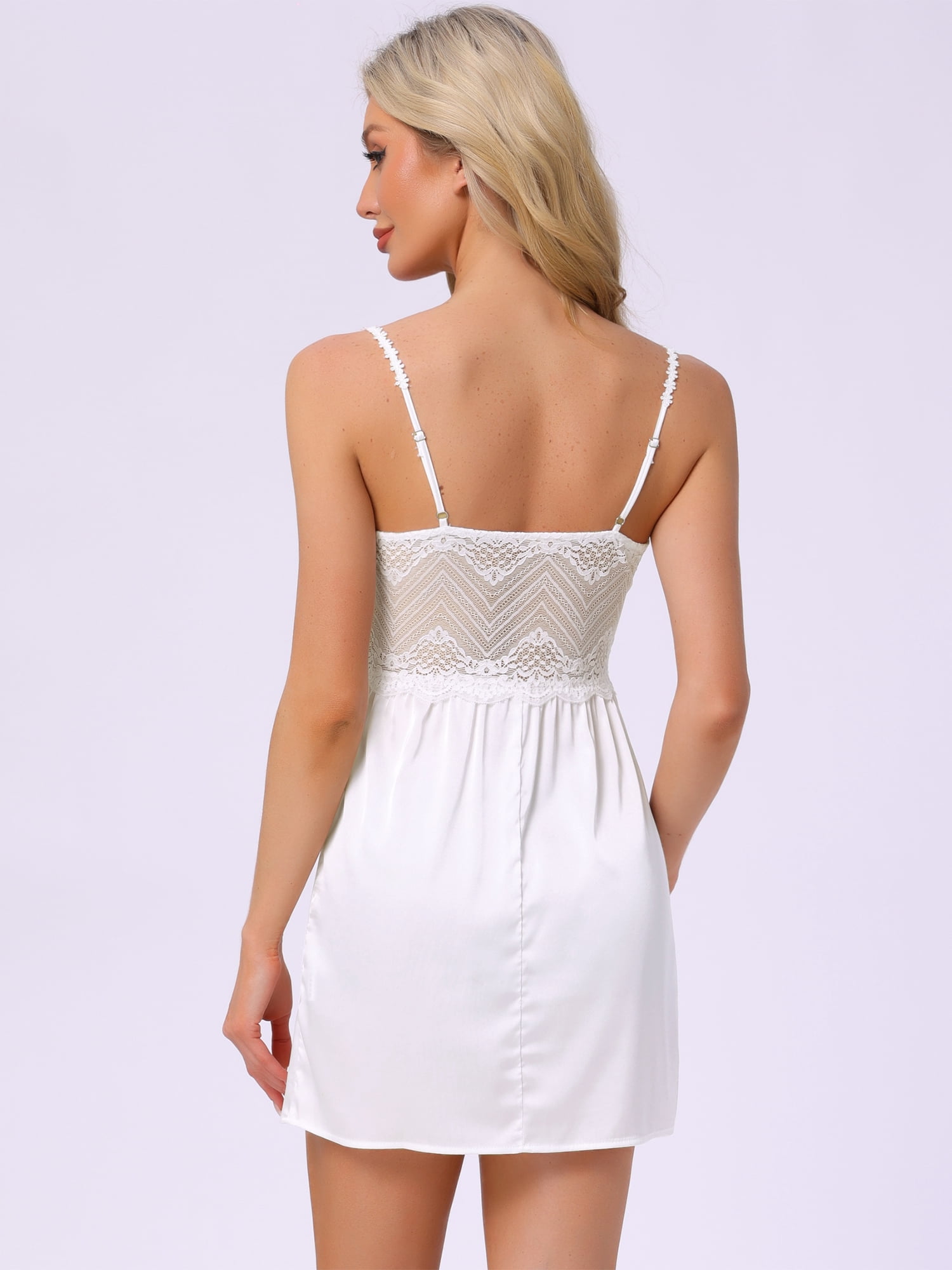 DARING DIVA Women's Satin Lingerie Lace Babydoll Slip Nightie Chemise Dress XS White