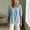 thumbnail image 2 of Morttic Women's Square Neck Faux Denim Mid Sleeve Blouse – Solid Color Casual Top with Lace Trim Front Summer Daily Outfit Light Blue，XL, 2 of 6