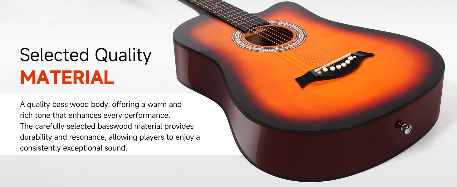 Moukey EAG-100 38in Acoustic Guitar for Beginner Kid Adult Teen Guitarra Acustica with Chord Poster, Gig Bag, Picks, Strings, Cloth, Strap - Sunset