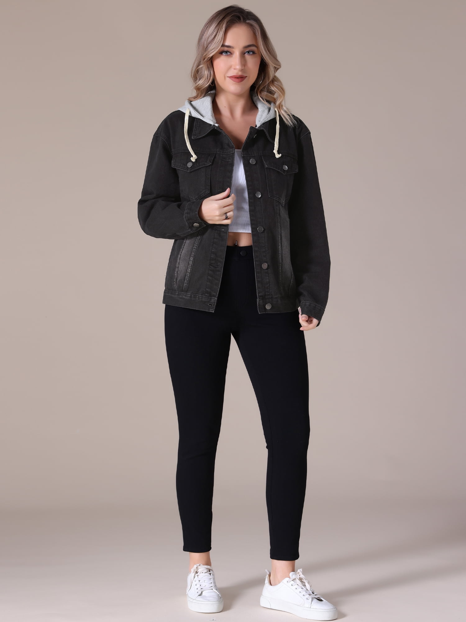 Unique Bargains Women's Denim Long Sleeves Jacket with Detachable Hoodie M Black