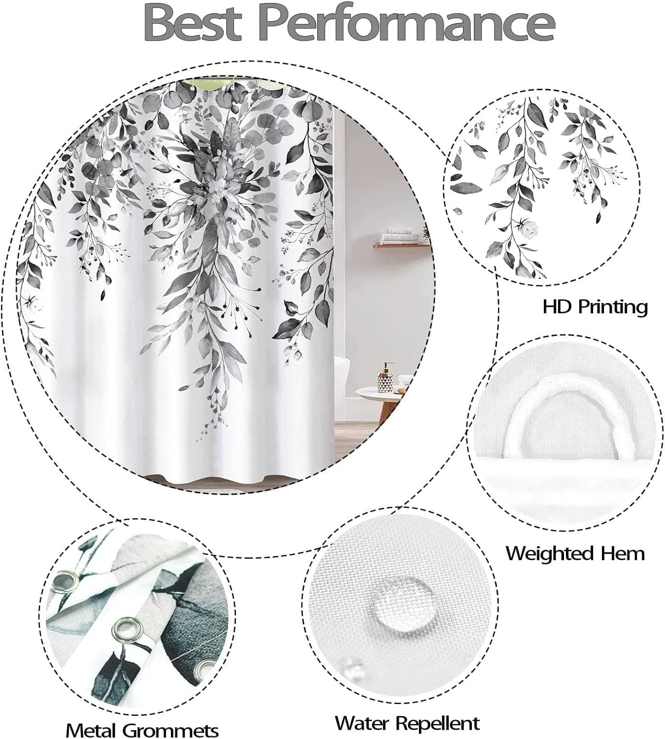 Gray and White Eucalyptus Shower Curtain Watercolor Grey Floral Plant Leaf Shower Curtains for Bathroom Botanical Flower Waterproof Fabric Bath Curtain Decor with Hooks (Black, 72'''' x 72'''')