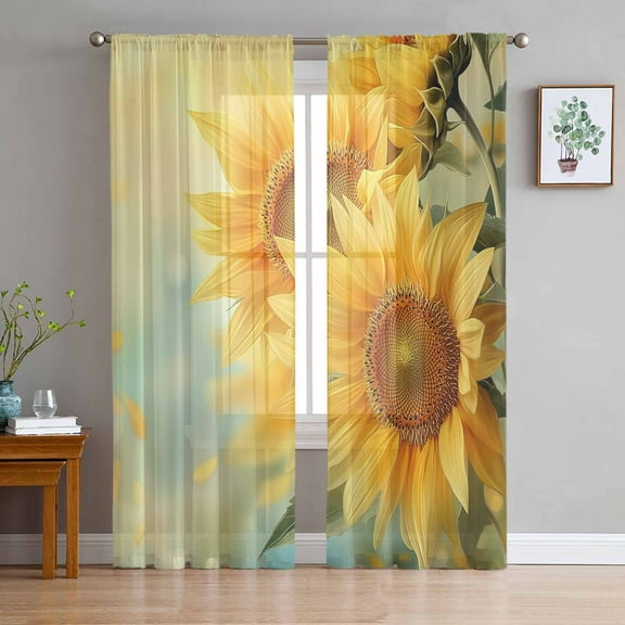 Sunflower Sheer Curtains 72 Inch Length 2 Panels Set for Living Room/Bedroom, Yellow Spring Floral Botanical Semi Curtain Sheers Drapes Rod Pocket Curtains Window Treatment Set 52''x72''x2