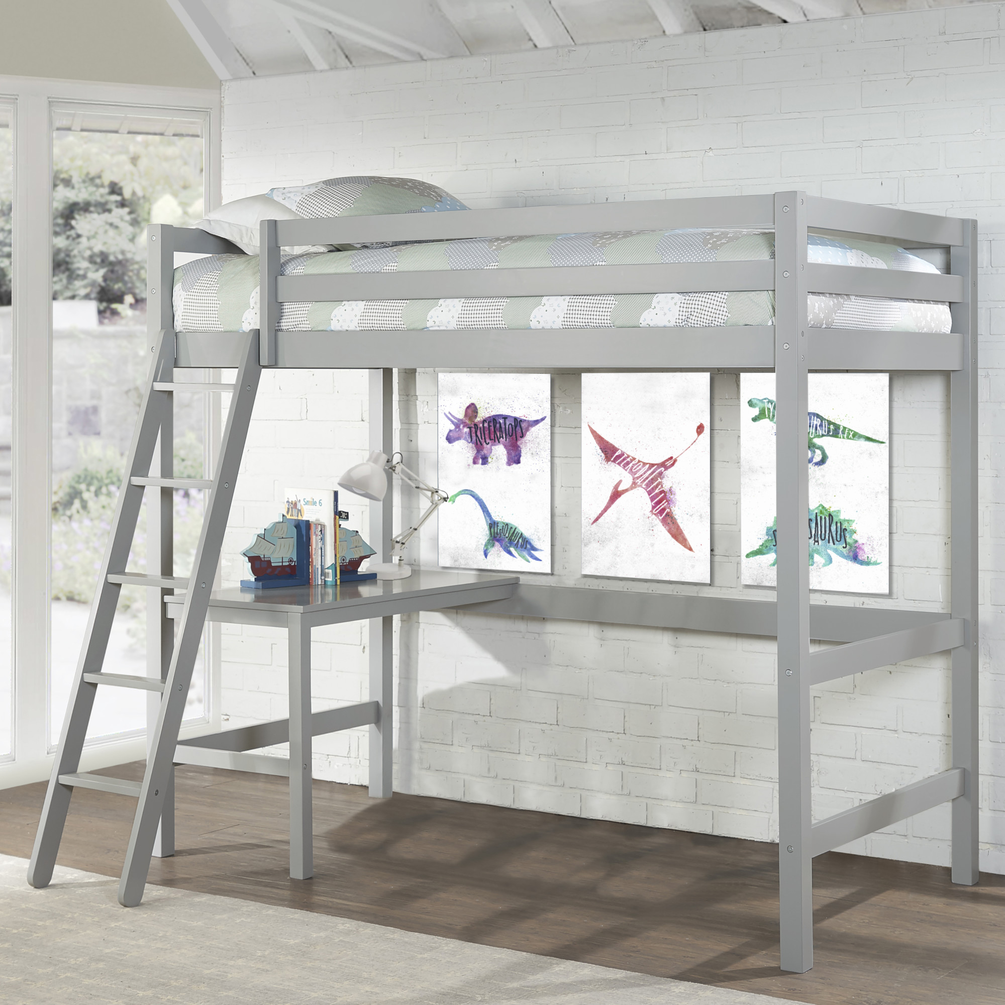 Hillsdale Caspian Wood Study Twin Loft Bed with Desk, Gray