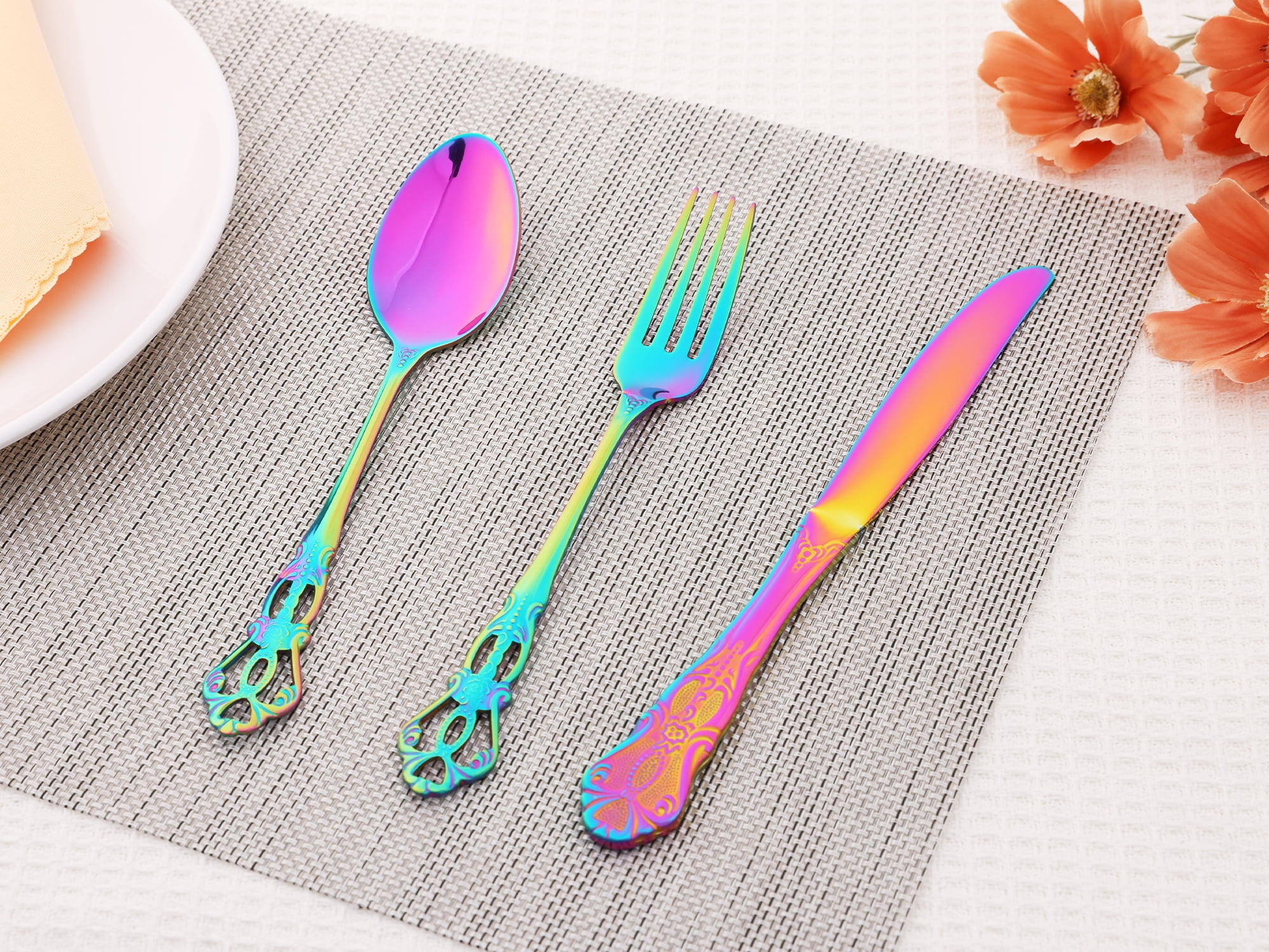 Unique Bargains 20 Piece Stainless Steel Floral Flatware Set Colorful