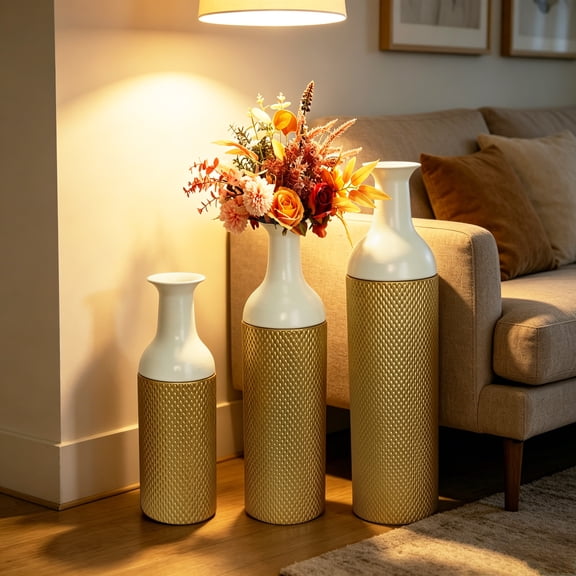 Set of 3 White & Gold Leaf Pattern Metal Floor Vases, Tall Decorative Vases for Living Room Entryway Home Decor