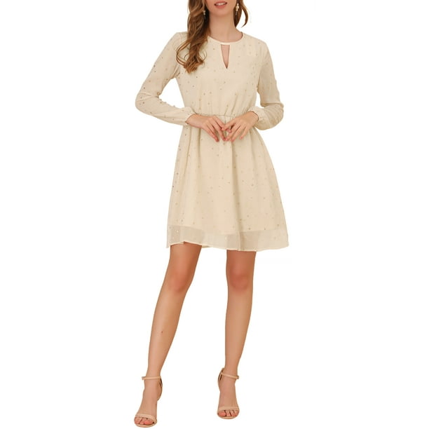 Vestido de fiesta de mujer Inspire Chic con escote en V, mangas largas, falda acampanada, talla XL, color beige