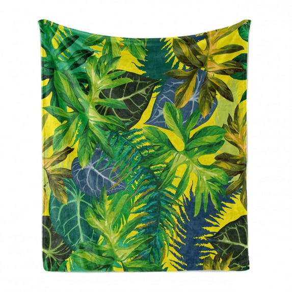Plant Soft Flannel Fleece Blanket, Botany Themed Drawing Depicting Exotic Leaves in Tropical Environment Hawaiian Vibes, Cozy Plush for Indoor and Outdoor Use, 50" x 60", Multicolor, by Ambesonne
