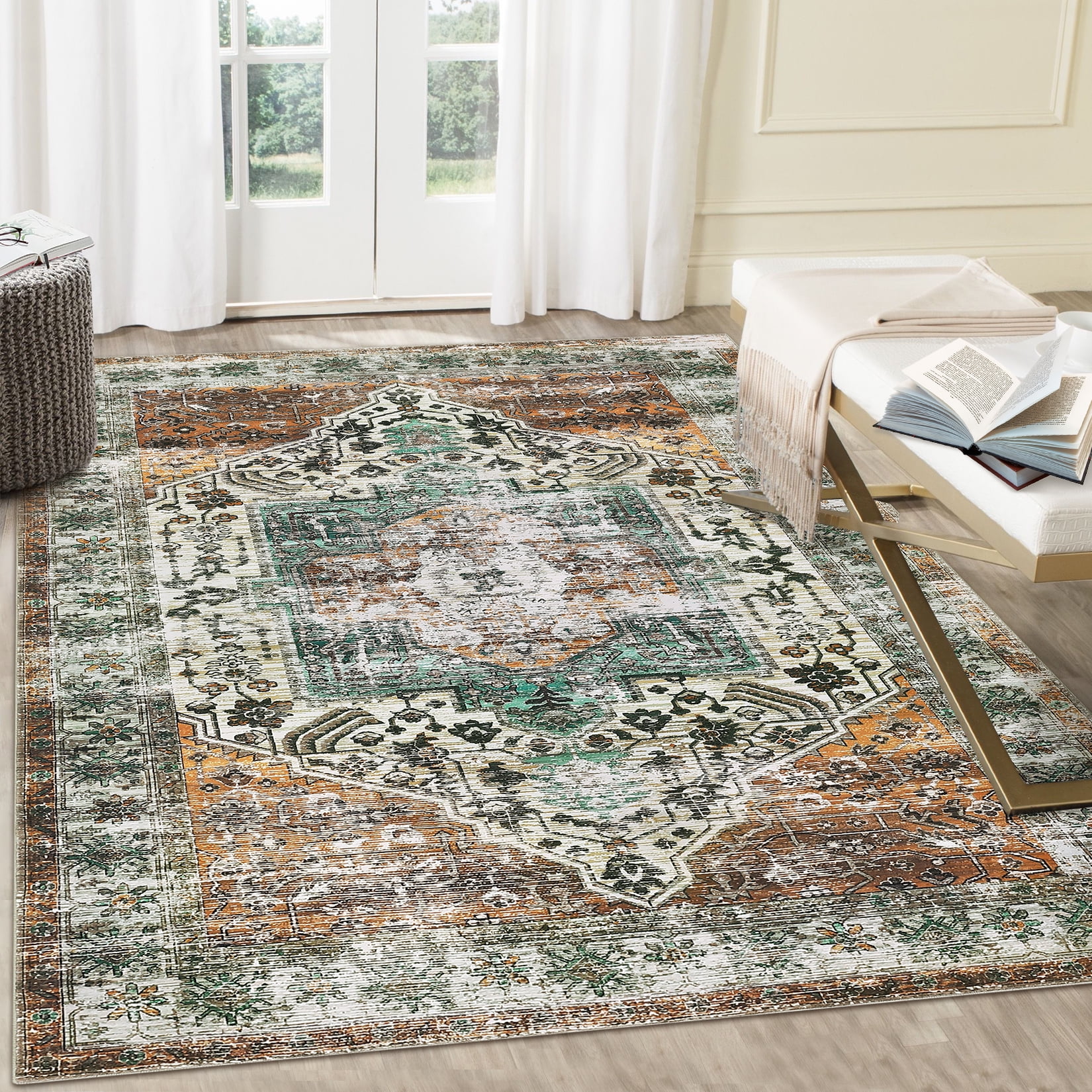 Hasoo Large 9' x 12' Vintage Area Rug for Living Room Bedroom Washable Floral Carpet, Rust