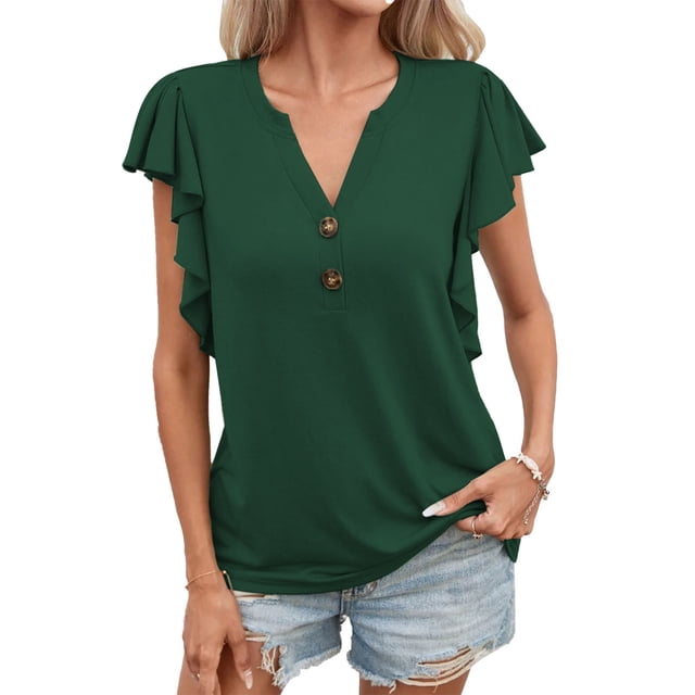 Camiseta de manga corta con cuello en V para mujer, blusa de manga corta con volantes y botones elegantes a la moda