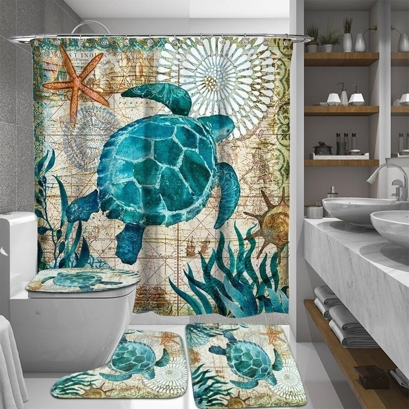 Details about   Sea Turtle Bathroom Shower Curtain Bath Toilet Mat Cover Waterproof Non-Slip 