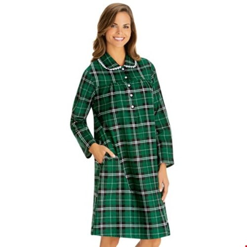 Plaid Cotton Flannel Long Sleeve NightgownWomensXXLargeGreen