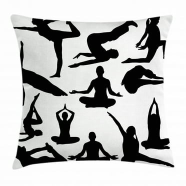 Meditation Throw Pillow Cushion Cover, Yoga Postures Woman Body Relaxation Chakra Mystic Hobby Theme Hippie Print, Decorative Square Accent Pillow Case, 18 X 18 Inches, Black White, by Ambesonne