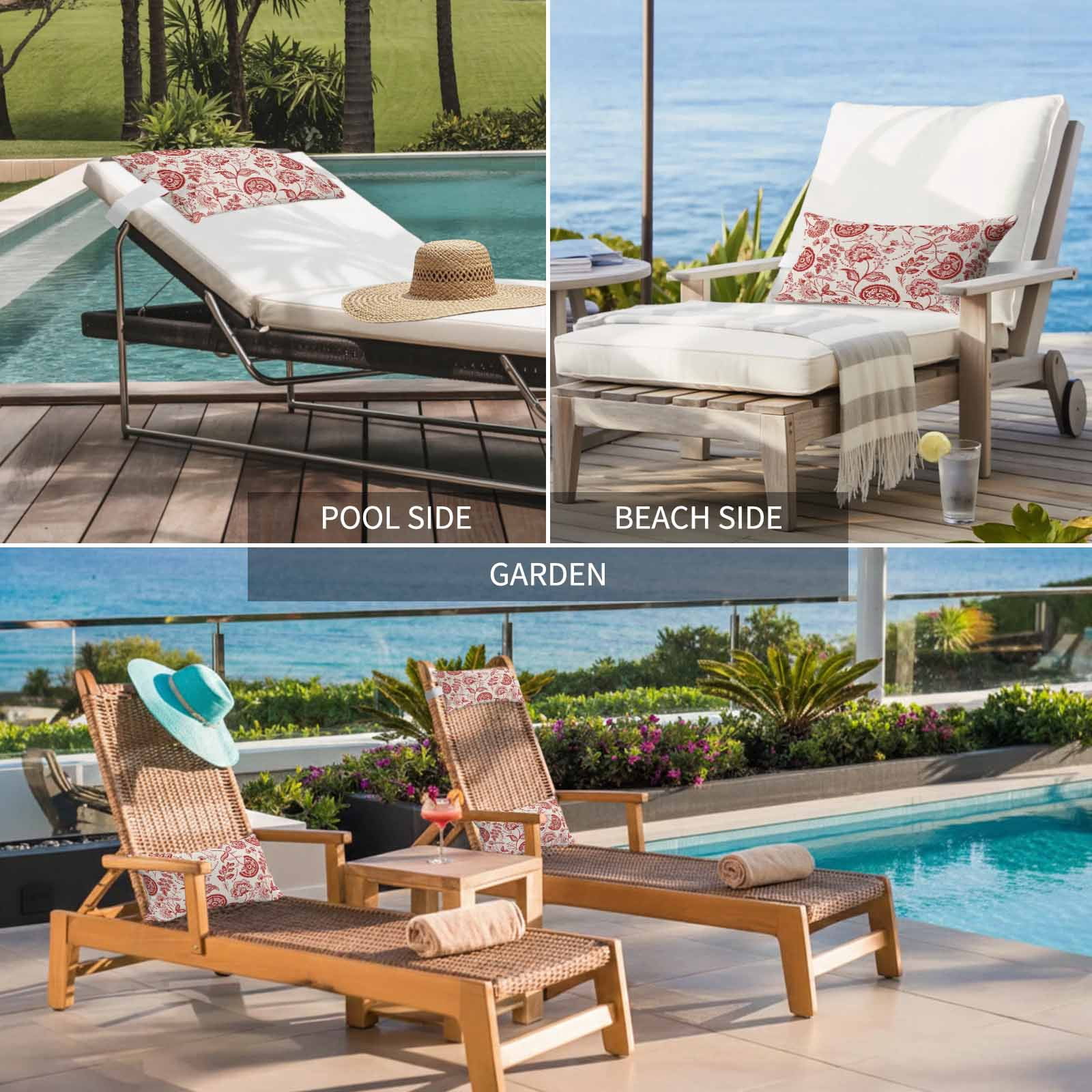 Farmhouse Red Floral Outdoor Chaise Lounge Pillows Linen Boho Flower Rustic Country Lumbar Pillows with Insert Adjustable Elastic Strap Headrest Pillow for Recliner Patio Chair 2 Pack 12x20 Inch