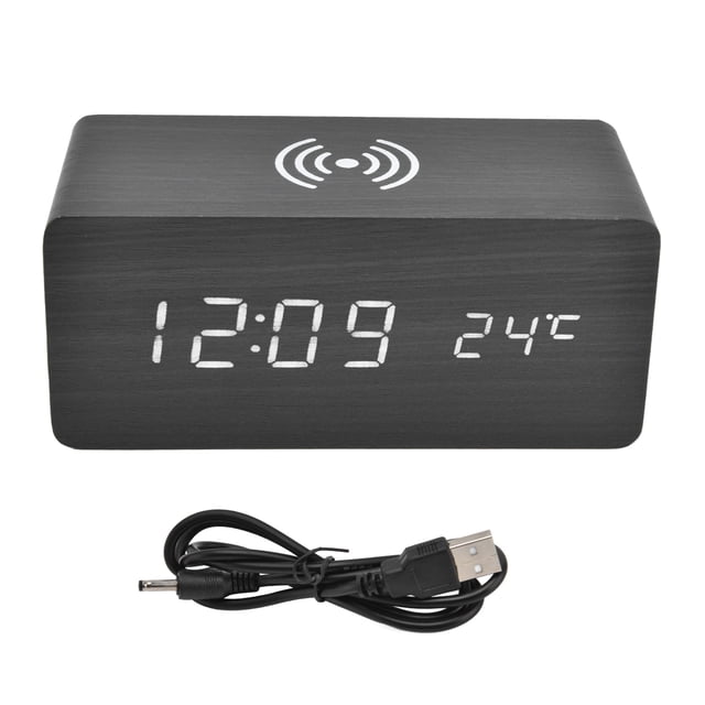 Reloj despertador digital con carga inalámbrica, detección automática de temperatura, LED estable y seguro, reloj electrónico negro