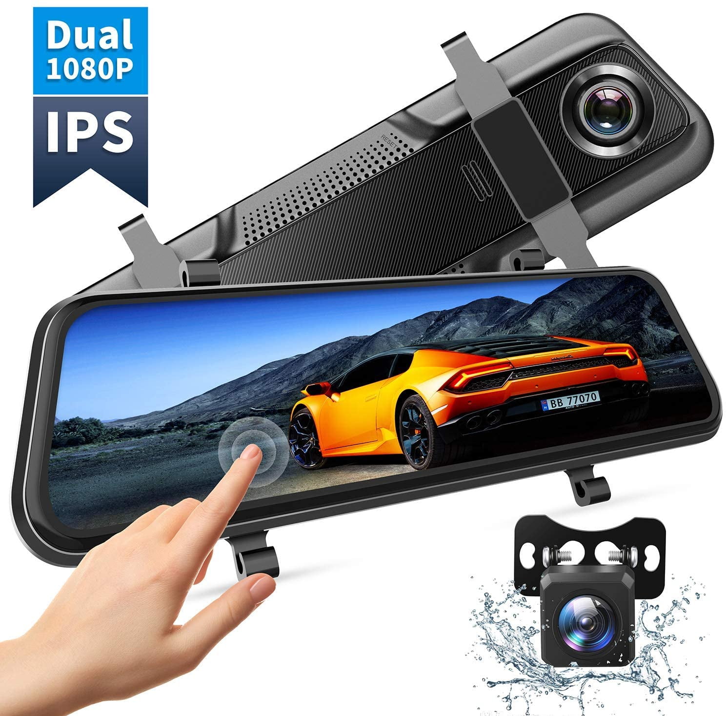 Mirror Dash Cam 10 Full Touch Screen Full HD Dual Lens Front and Rear Camera Video Streaming Media Night Vision with 32GB SD Card & Hardwire Kit