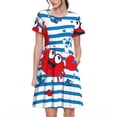 thumbnail image 1 of Fotbe Red Funny Crab on Blue Stripe Vestido Largo de Moda para Mujer, Vestido Tipo Camiseta con Manga Corta y Estilo Casual a Rayas y Bloques de Color, 1 of 6