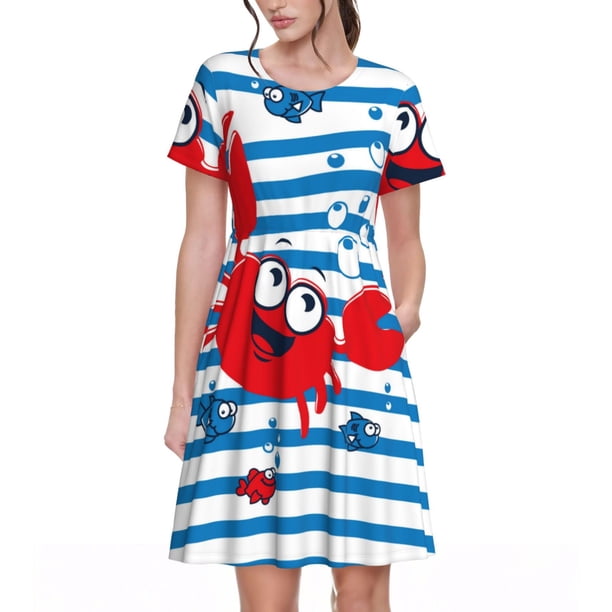 Balery Red Funny Crab on Blue Stripe Vestidos sueltos de manga corta para mujer, vestidos de verano 2025, vestidos casuales de corte A con vuelo.