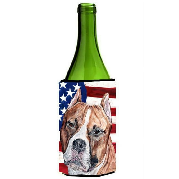 Staffordshire Bull Terrier Staffie With American Flag Usa Wine bottle sleeve Hugger  24 Oz.