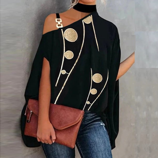 Pntutb Mujeres Casual Media Manga Halter Cuello Hombro Impreso Loose Polluer Blusa tops Pntutb Pntutb-1649