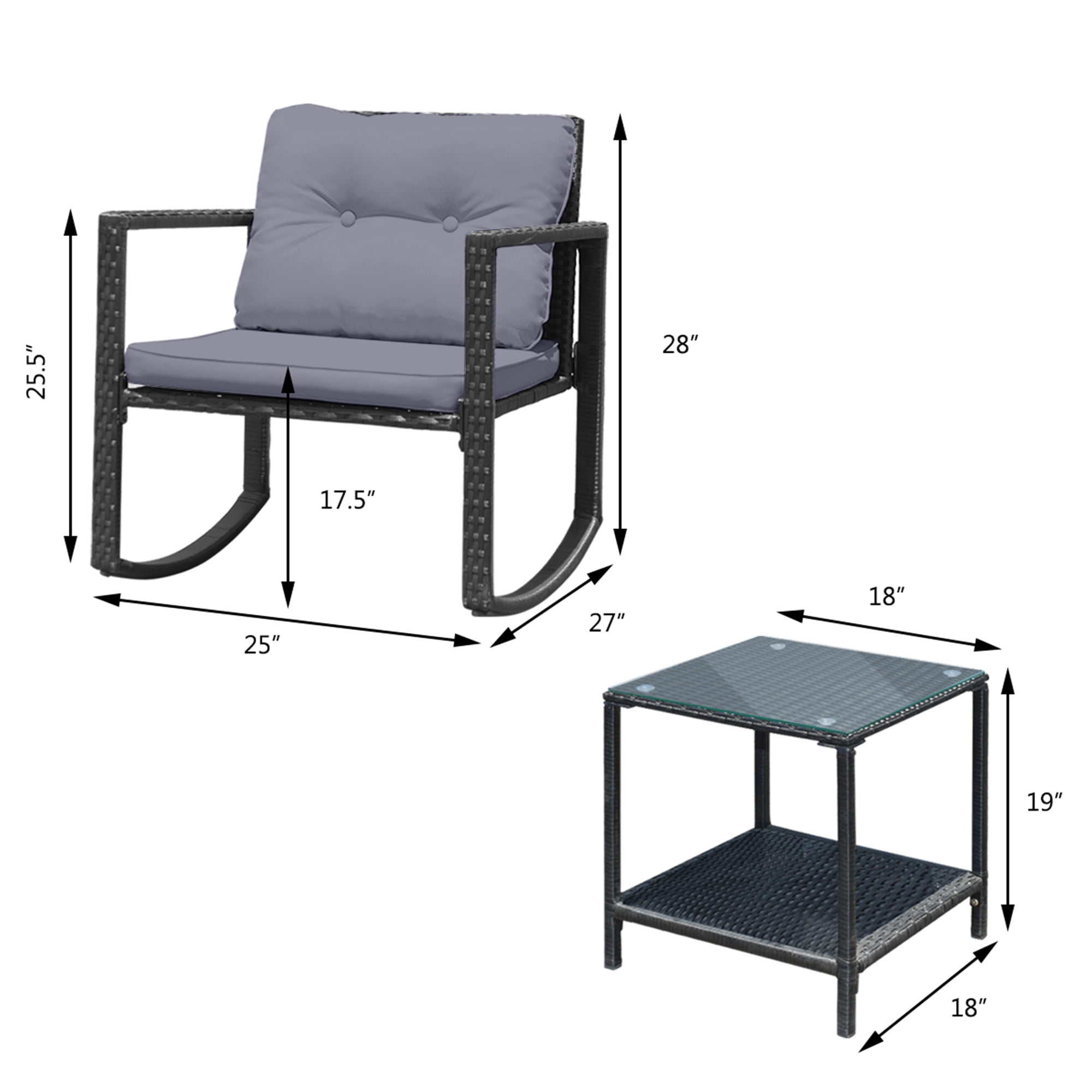 Gymax 3PCS Rattan Rocking Chair Table Set Patio Furniture Set w/ Grey Cushions