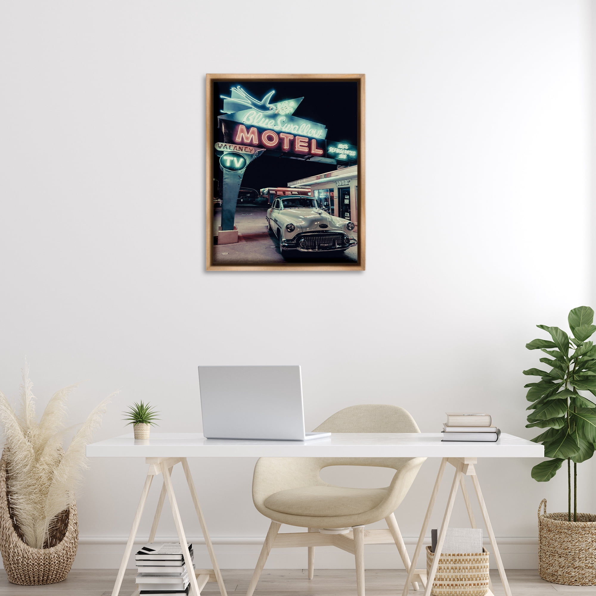 Stupell Industries Vintage Motel Getaway Car Transportation Painting Brown Floater Framed Canvas Art Print Wall Art, 25 x 31
