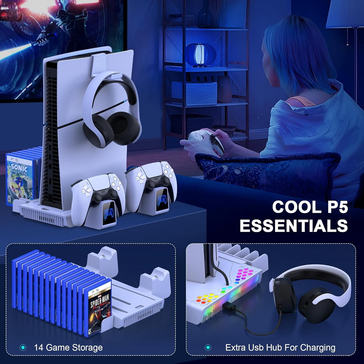 GAEKOL PS5 Slim Cooling Station with Dual Controller Charging RGB PS5 Slim Stand Vertical for Playstation 5 Console Digital Disc Edition PS5 Accessories Base with Headset Holder 14 Game Slots