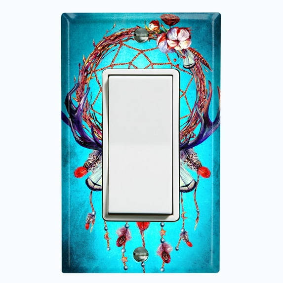 Metal Light Switch Plate Cover Beaded Feather Dreamcatcher Teal DRM004