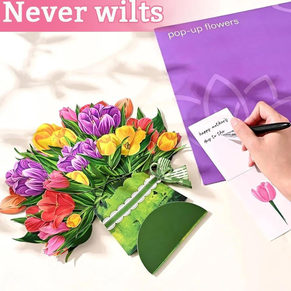 PTSPLLMY 3D Mother's Day Flower Pop-Up Card, Jumbo Tulip Flower Pop-Up Card – Detachable 3D Standing Paper Bouquet – Everlasting Mother's Day for Mom & Grandma Forever Bloom Love