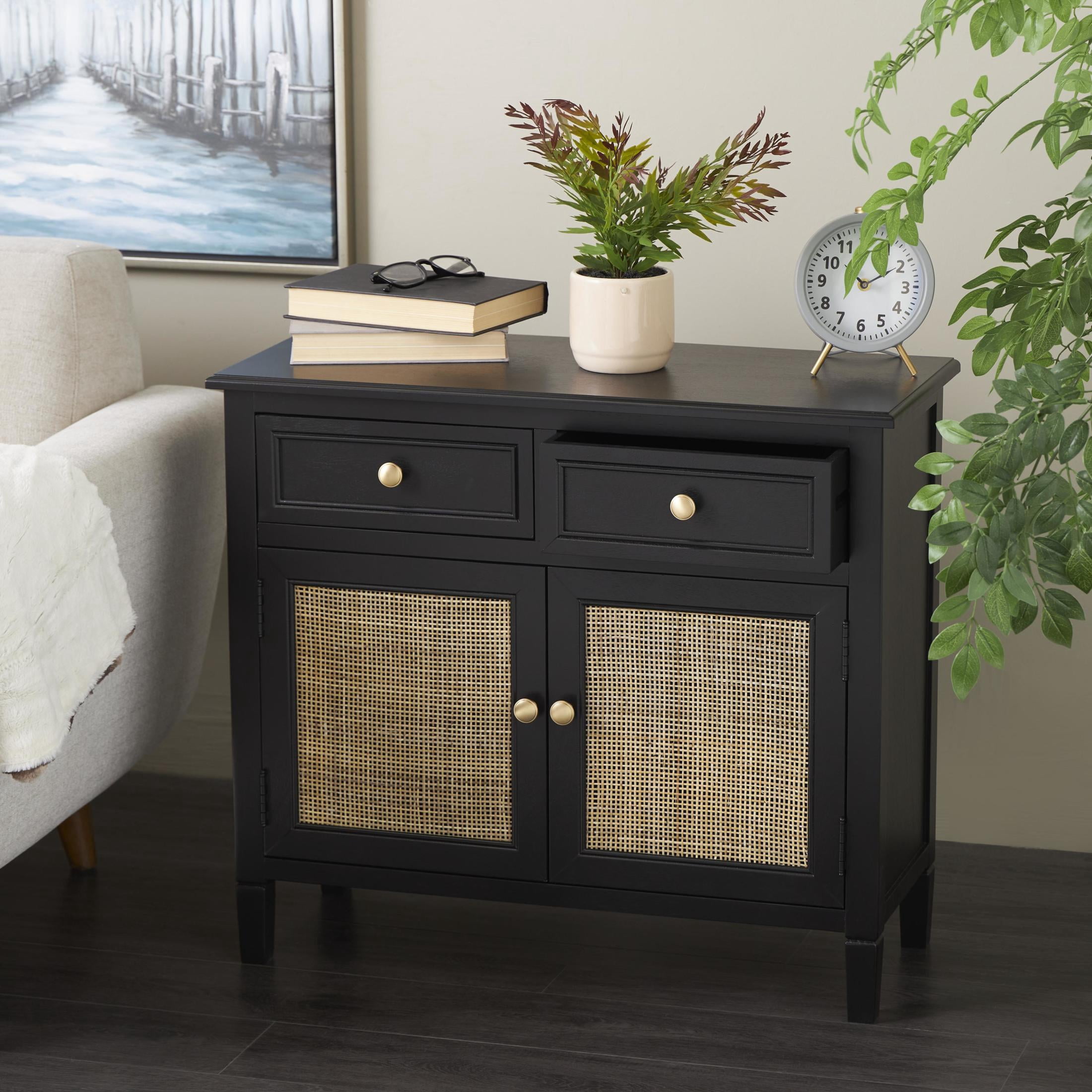 DecMode 30" x 26" Black Wood Handmade 2 Door and 2 Drawer Cabinet with Rattan Front, 1-Piece
