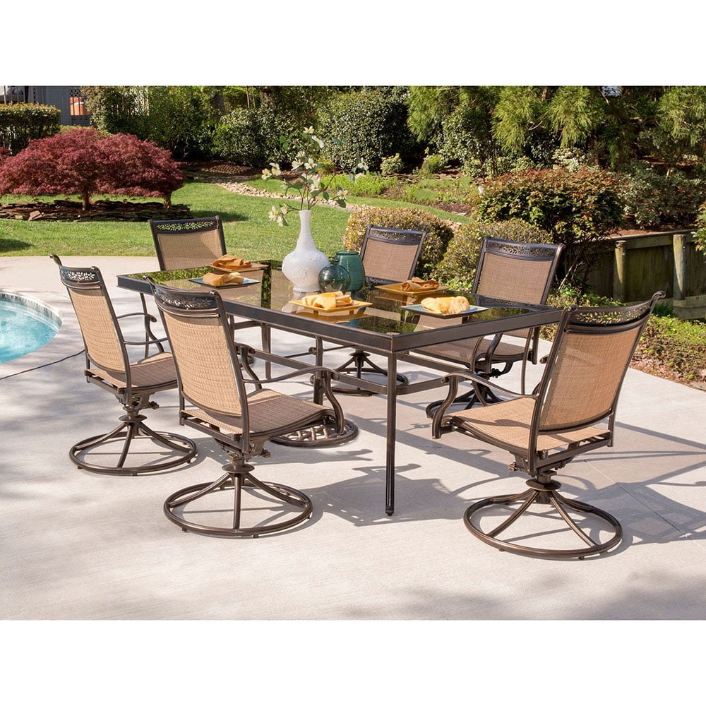 Hanover Fontana 7-Piece Outdoor Dining Set with Swivel Rockers and Glass-Top Table